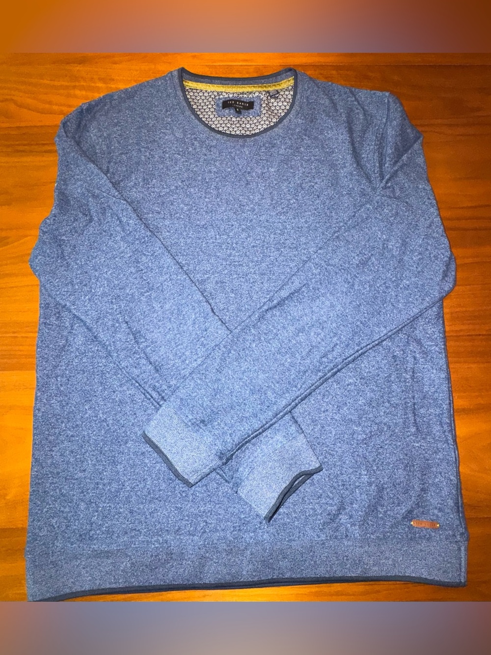 Ted Baker Heathered Denim Blue Crewneck with Dark Blue Trim, Size L